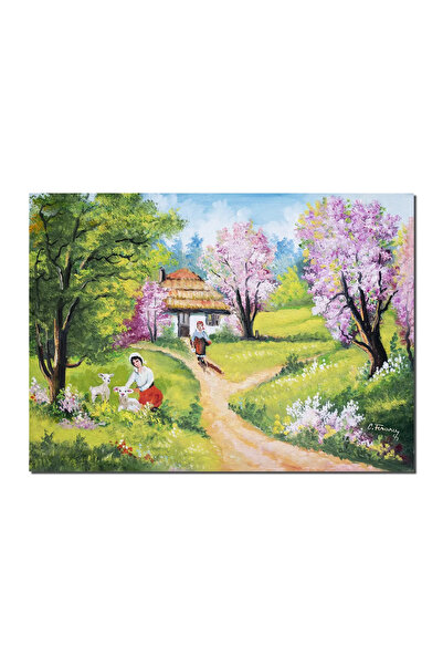 artnova Tablou peisaj de primavara pictat manual, Amintiri la bunici, 70x50cm...