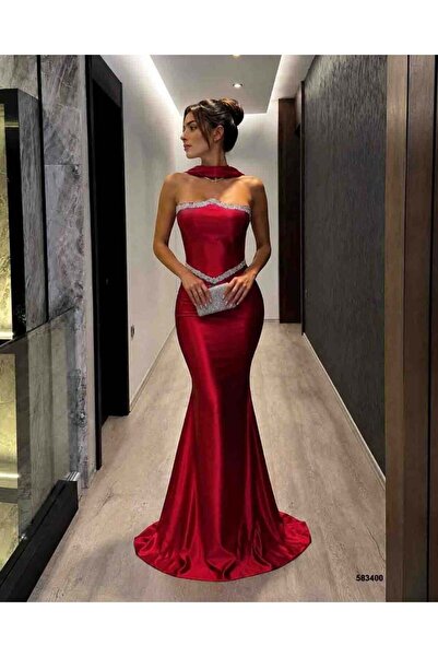 Modafeminen Red Beading and Pearl Embellished Double Breasted Collar Evening ...