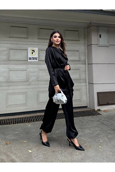 manana fashion Shawl Detailed Satin Tie-Back Blouse and Shalwar Trousers Set