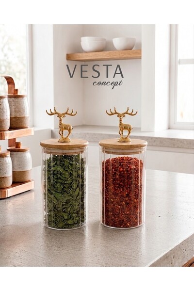 VESTA Concept Bamboo Leak-Proof Glass Spice Jar with Deer Lid, 2-Piece Storag...