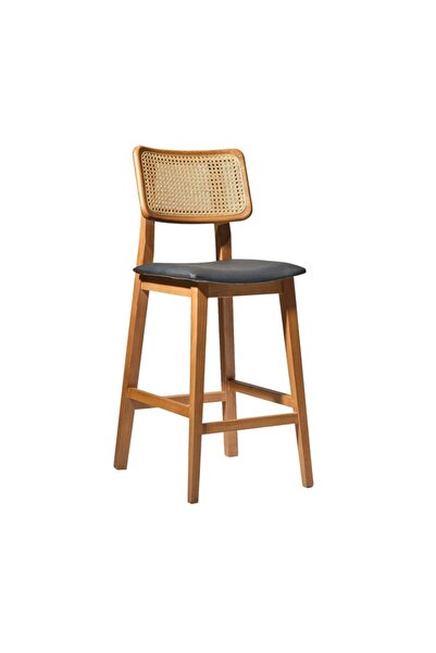 Beliz Masif Ahşap Ceviz Renk Rattan Bar Sandalyesi – Siyah Deri Oturum – Mutfak Ada ve Kafe Taburesi| 70 cm 2li Ürün
