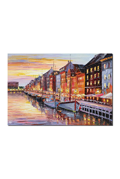 artnova Ръчно рисувана картина на Копенхаген, Залез в пристанището, 100x70см ...