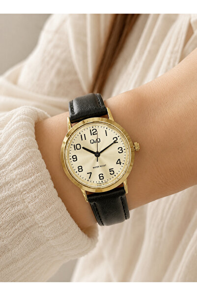 Q&Q Women's Wristwatch Gold Color Case Leather Strap Casual and Stylish Combi...