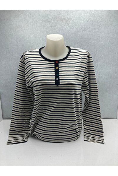 LÜKS MİRAYDA Women's Crew Neck Striped Colorful Button Detailed Long Sleeve C...