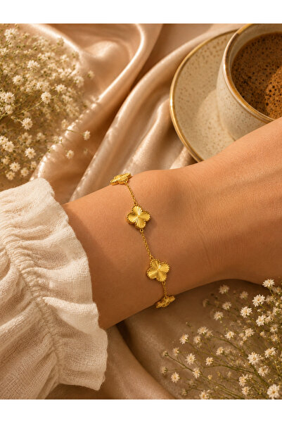 JAMMY JEWERLY Gold Renk Dört Yaprak Yonca Detaylı Zincir Bileklik – Zarif ve ...