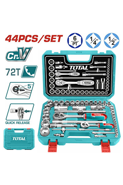 TOTAL Set de chei tubulare industriale 1/2 + 1/4 cu clichet, 44 de piese