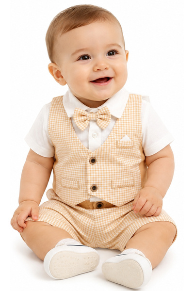İrem Çocuk Giyim Baby Boy Beige Color Plaid Patterned Vest Model with Bow Tie...