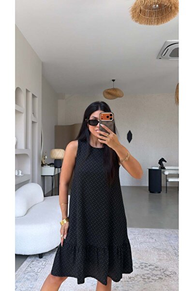Buket Teke Crispy Patterned Black Skirt with Ruffles and Wrinkled Dress