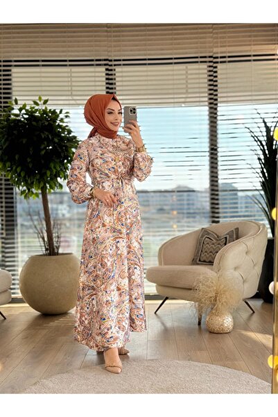 ALANURMODA 5001 فستان بنمط شال من الساتان باللون البرتقالي