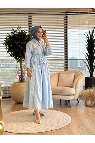 ALANURMODA 14505 طقم تنورة مطرزة بزهور على شكل أزهار البحرية باللون الأزرق