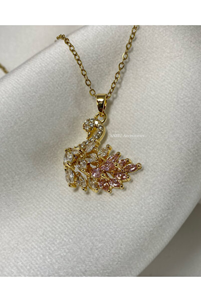 Samu Accessories Pink Stone Swan Steel Necklace - Pink Stone Swan Necklace