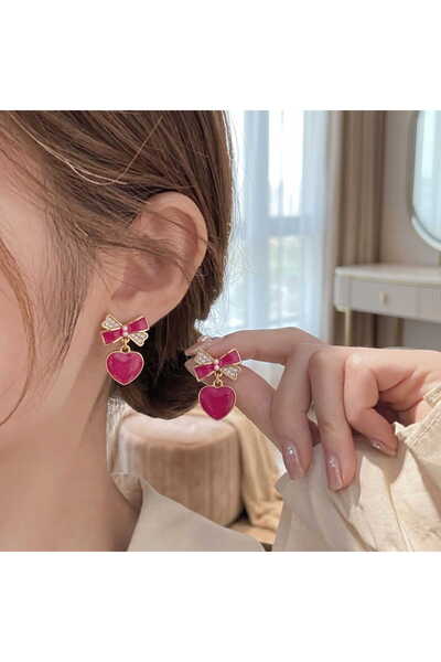 toptanhanem The Star of Combinations! Burgundy Color Bow Heart Earrings - Tar...