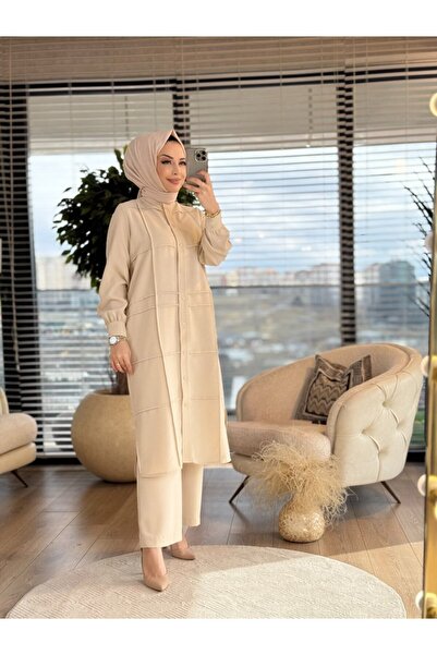 Ayda 2521 Front Square Stitched Long Tunic Set Beige