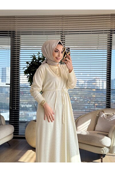 ALANURMODA 25196 Stone Detailed Knitwear Dress Ecru