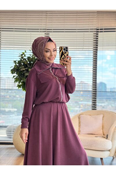 ALANURMODA 14440 طقم تنورة بجيبين أماميين وسحاب باللون الأحمر الداكن