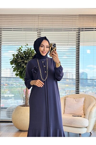 Taşpınar LYL118 فستان ساهرا بأزرار مكشكشة باللون الأزرق الداكن