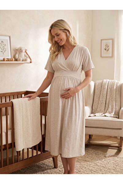 Lohusa Homewear New Season Beige Summer Nightgown with Easy Breastfeeding Fea...