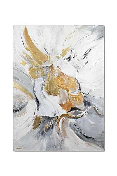 artnova Tablou abstract in alb cu auriu pictat manual, Imaginatie, 70x50cm ul...