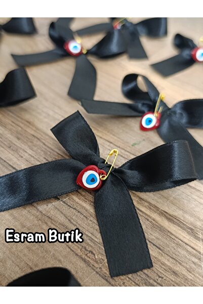 Esram Butik فيونكة من الساتان الأسود مزينة بخرز العين الشريرة، هدية، زفاف، خط...