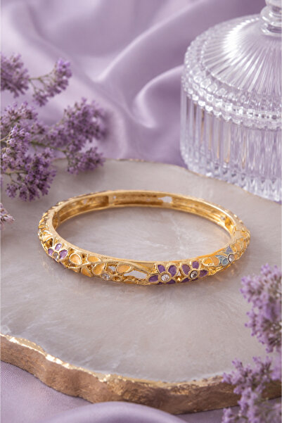 Sylvera Shop Flower Breeze Stone Purple-Mustard Enamel Thin Cuff Bracelet (Go...