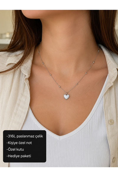 HER ŞEY NOTA www.herseynota.com 316L Stainless Steel White Heart Bead Detaile...