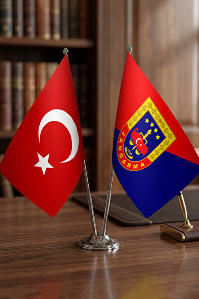 Günışığı Atölyesi Jandarma Bayrağı Türk Bayrağı Masaüstü İkili Krom Direk Mas...