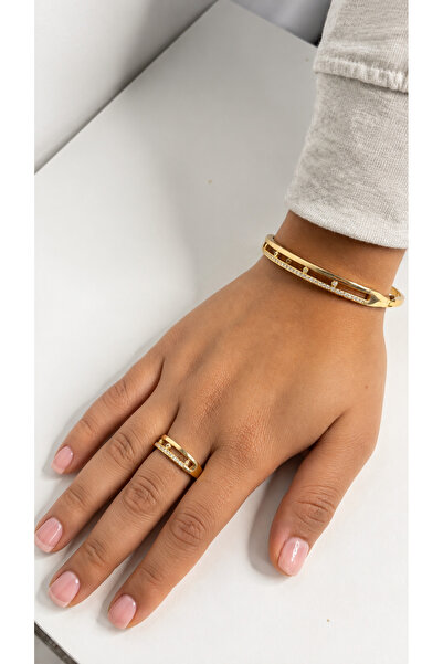 stainles steel Zircon Accessory Set Bracelet Bangle and Ring Gold Luxurious a...