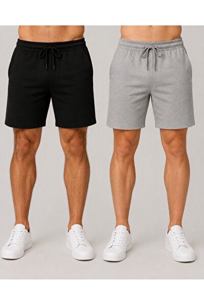 BERYY MODA Men's 2-Piece Sports Shorts Black and Gray Elastic Waist Lace-Up C...
