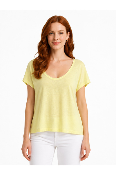 Neden Tekstil Women's Yellow V-Neck Short Sleeve Casual T-Shirt