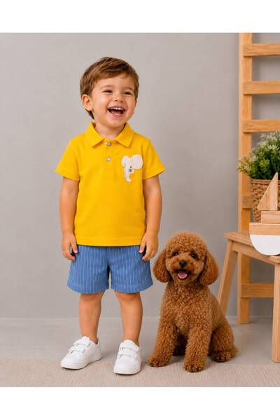 P&H BABYWEAR طقم شورت صيفي للأطفال الأولاد بياقة بولو وخطوط مطرزة على شكل فيل