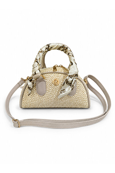 Wicker Textured Women's Bag Scarf Detailed Hand and Shoulder Bag Mink Suitable for Daily Use