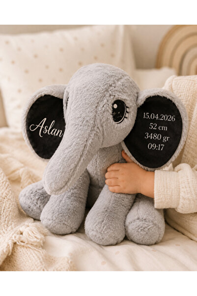 Emsera Atelier Kişiye Özel İsimli Peluş Fil Oyuncak Bebek Hediyesi Gri