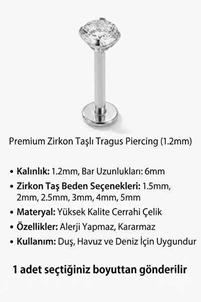 Blisse Piercing 6mm Zirkon Taşlı Tragus Helix Kıkırdak Dudak Kulak Burun Cerr...
