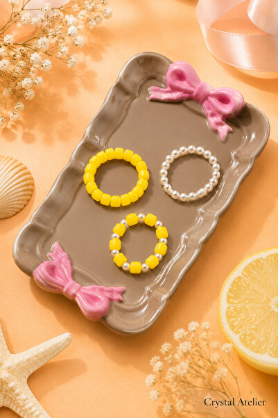 Crystal Atelier 3-Piece Yellow Pearl Beaded Elastic Women's Ring Set Flexible...