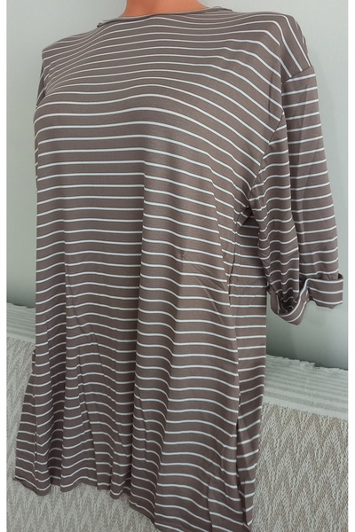 Anne Er Clothing Summer Combed Cotton Blouse Crew Neck Capri Sleeve Beige Str...