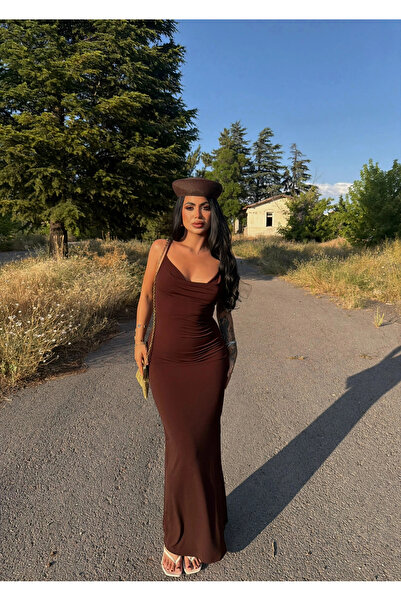 kırmızı butiks Coffee-Colored Slit Collar Dress