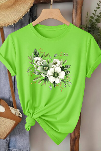 l'eivor Tricou de damă din bumbac cu imprimeu floral verde