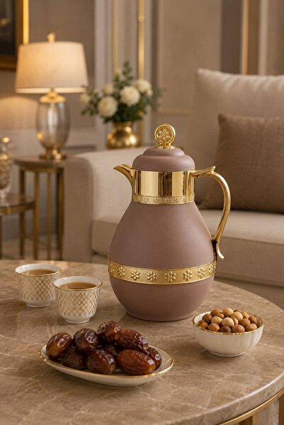 Generic "Premium Beige" Thermos with Gold Embellishments, 1 Liter Capacity, E...