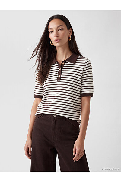 LC Waikiki Nevavm Farkıyla Lcw Everyday Brown Polo Collar Striped Women's Kni...