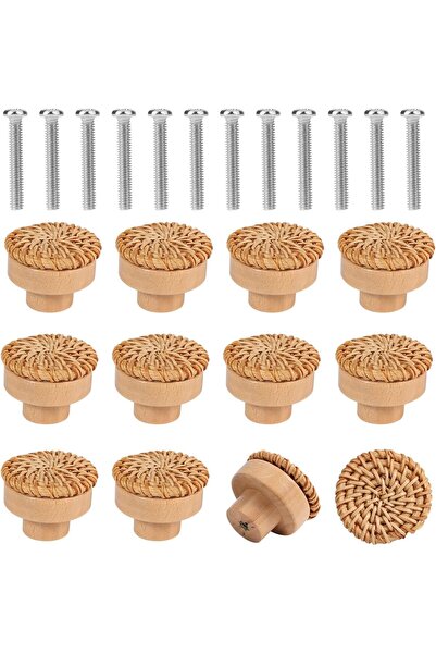 Arabest 12-Pack Wood Drawer Knobs,Round Rattan Door Pulls,Boho Style,4cm/1.6i...