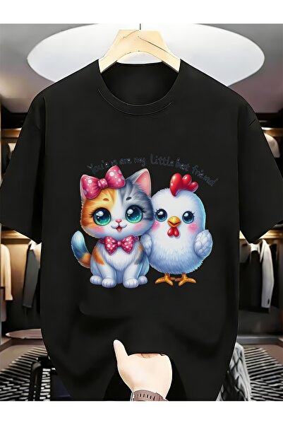 En22 You're My Little Best Friend Cute Cat & Chicken Duo Men Cotton Funny Uni...