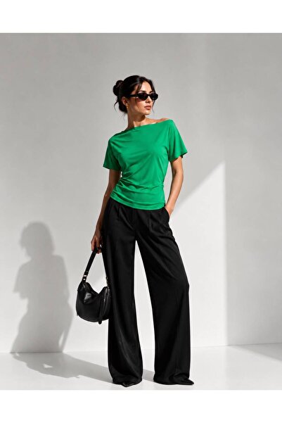 Hira Clothing Boat Neck Off-Shoulder Draped Bat Sleeve T-Shirt\Blouse\Top
