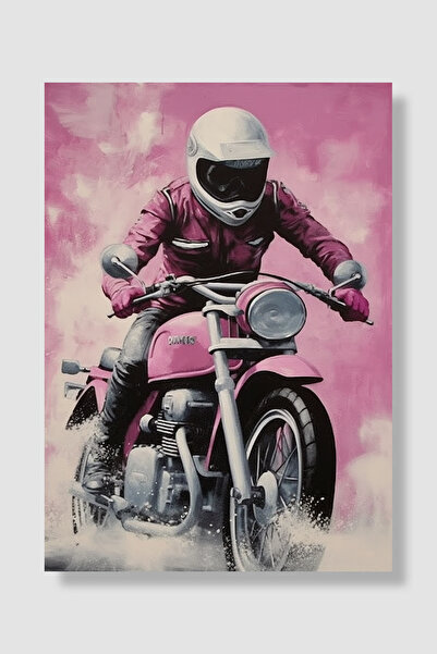 Luna Marissa Poster Motociclist Roz Motocicletă Cască Albă Pictură în Ulei Ac...