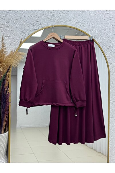 MİHRA STORE طقم تونيك داريانا كانغرو مع جيوب وتنورة ضيقة. MF1887-NL678 أحمر داكن