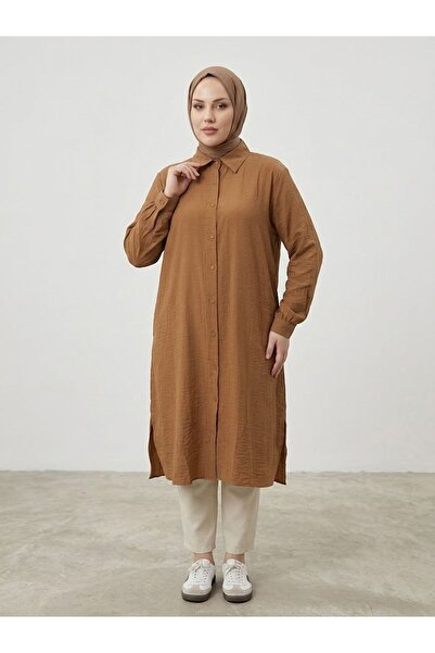 Generic Brand Slit Detail Long Tunic-Tan