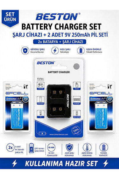 BataryaBank Beston M-7005 2'li USB 9V Pil Şarj Aleti + EFCELL 9V 250mAh 2'li ...