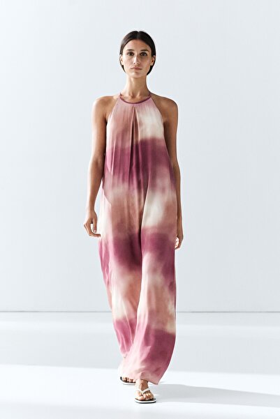 Massimo Dutti Batik desenli dökümlü halter yaka uzun elbise
