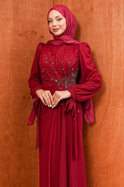 İmajButik Bordo Bel Büzgülü Taşlı Abiye