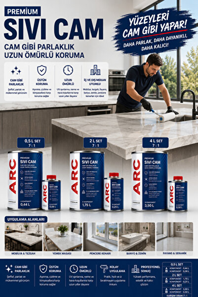 ARCMARİN KİMYA VE DENİZCİLİK HIRDAVAT PREMIUM Sıvı Cam Kaplama - Her tülü yüzey için Şeffaf Parlak Koruyucu Yalıtım Vernik