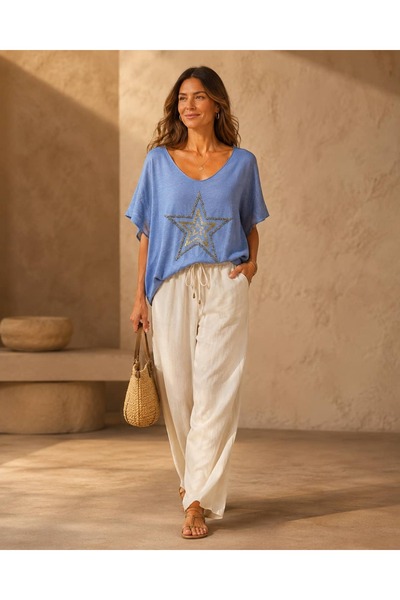 Punta Otantik Msr31095 Italian Star Laced Mercerized Blouse Blue